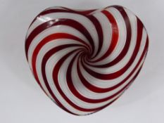 A Hand Blown Venetian Ribbon Glass Trinket Dish, the dish in the form of a heart with red and white