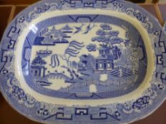 A Miscellaneous Collection of Willow Pattern Blue and White Porcelain, including turkey plate, two