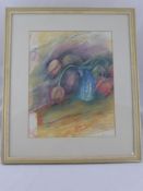 An original contempory watercolour- a still life depicting tulips in a blue vase, framed and