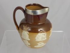 A Silver Rimmed Royal Doulton Lambeth Ware Harvest Jug, 17 cms high.