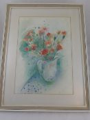 Jean Crosan - a contempory still life watercolour depicting carnations in a jug, framed and glazed,