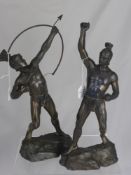 Two Spelter figurines, one of an archer and the other a javelin athlete both approx 39 cms high. (