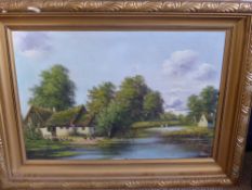 An original oil on canvas depicting a country cottage and lake scene with poultry, signature to