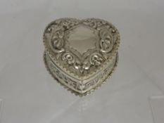 Solid Silver Heart Shaped Trinket Box, London hallmark, m.m C.S.H, dated 1891 the box having floral