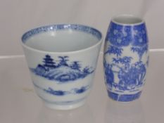 A blue and white Chinese porcelain bowl together with a similar vase, the bowl being est. at 7 cm.