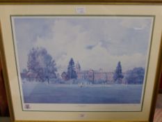 A limited edition print of Dean Close School  depicting a cricket match between the Old Decanians