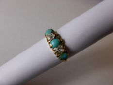 A Lady`s Antique 18 ct Yellow Gold Diamond and Turquoise Ring, size P, approx 3.6 gms, 2 x old cut