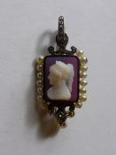 A Lady`s Silver and 9 ct Gold Seed Pearl and Rose Cut Diamond Pendant/Cameo Brooch, approx 4 cms,