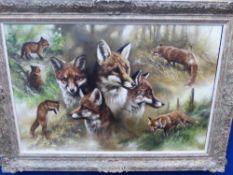 Mick Cawston (1959-2006) Original on Canvas, Foxes in various stages of life, approx 60 x 90 cms. A