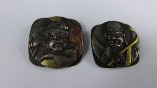 Two Antique Oriental Silver and Gold Buttons, the buttons depicting two formidable characters