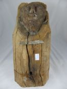 A Medieval Carved Wooden Beam End / Cordova depicting a grimacing figurehead to the top, from the