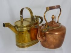 An Antique Brass Watering Can together with a copper kettle.