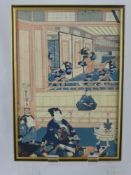 Two Antique Coloured Japanese Wood Cut Prints, depicting Geisha dancing and two figures gossiping.