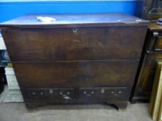 A Large Antique Oak Mule Chest, on bracket feet with two drawers fitted with plain loop handles 108