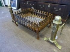 A vintage iron fire basket together with a pair of brass fire dogs, the basket size est. at 52 x 36