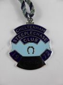 A Cheltenham 1972 metal racecourse members badge, member number 556 with original cord, Glencaraig