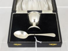 Solid Silver Christening Egg Cup and Spoon, in original presentation box, Birmingham hallmark, m.m