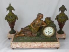 A French Style Marble Mantle Clock together with garniture in the form of decorative urns. The