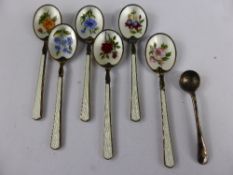 Set of six silver gilt and enamel teaspoons depicting flowers together with a solid silver salt