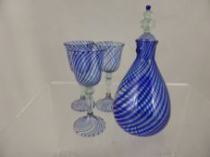 Victorian Murano Blue Ribbon Glass Decanter, together with three liqueur glasses.