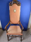 Reproduction mahogany high back baronial hall chair.