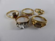 Five 9 ct Ladies Rings, including Smoky Quartz Size O, white stone, pink and white stone Size S,