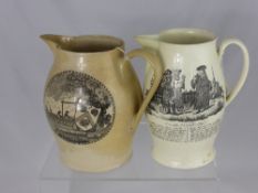 Two Transfer Decorated Cream Ware Ale Jugs, the first depicting the illustrated Rhymes `The Triple