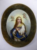 Hand painted porcelain plaque depicting Madonna, approx. 12 x 9 cms.