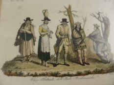 Three hand coloured engravings depicting French fashions, framed and glazed, approx 19 x 14 cms.