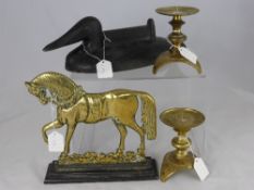 Four assorted metal work items comprising a brass door stop in the form of a horse, pair of brass