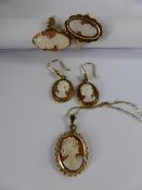 Two ladies 9ct gold cameo rings, size L and O together with a pair of cameo earrings and 9ct