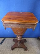 A Victorian Rosewood Veneer Work Box, the work box with Gothic frieze on turned pedestal base.