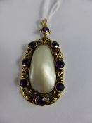 Antique Indian Yellow Gold Amethyst and Pearl Pendant,  8 x 4.5mm round amethyst, pearl 25 x 11.5