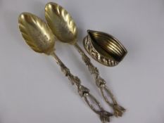 Two Silver plated Salad Servers together with a silver plated salt in the form of a little boat.