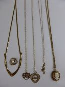 Collection of misc gold chains and pendants including 9ct chain with cameo pendant, 9ct chain with