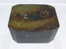 Antique Russian Style Tabletop Snuff Box, depicting a governess cart and three ponies.