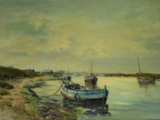 Oil on board, signed Cox, depicting boats at anchor, gilt framed, approx. 68 x 44 cms.