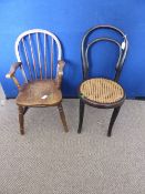 Victorian oak child`s armchair being spindle backed together with a cane seated bent wood child`s