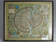Antique Hand Coloured Map of Paris, depicting Paris in the 16th Century, approx 38.6 x 31 cms