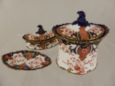 Three Hand Painted Crown Derby pieces comprising two trinket dishes and lidded pot.