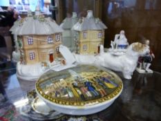 Collection of porcelain items incl. two porcelain book ends depicting Victorian homes, a porcelain