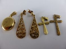 Misc collection of 9ct gold jewellery including, a 375 cross, a pair of drop earrings, locket and a