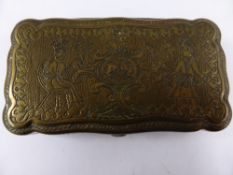 A Middle Eastern Interesting Antique Brass Metal Snuff Box, the box engraved with noble figures to