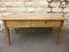 Antique pine kitchen table fitted with two drawers on turned legs, approx. 144 x 73 x 77 cms.