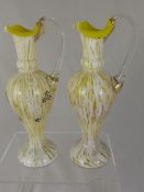 A Pair of Acid Yellow decorative Blown Glass Urns, with white inclusions and blue flowers and gilt