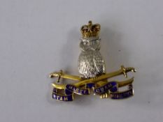 9ct hallmark White and Yellow Gold and Enamel Lancashire Regiment pin brooch.