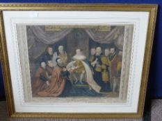 A G Vertue hand coloured engraving, showing Edward VI giving the Charter to the Lord Mayor Sir