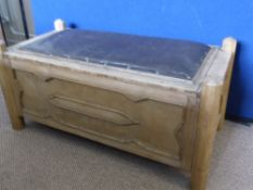 Early circa 1900`s Oak Ottoman, with a brown leather seat, approx 97 x 48 x 42 cms