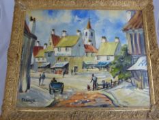 F. Manzel, Oil on Board depicting a Village Square, in a gilt wood frame, 51 x 40 cms.