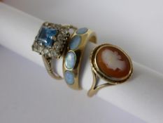 Three 9ct Gold Lady`s Rings, including a blue and white stone ring Size N, Opal Size O and a Cameo